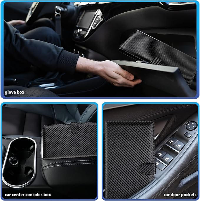 Hanaive 4 Pcs Car Registration and Insurance Card Holder with Magnetic Closure Glove Compartment Organizer Auto Registration and Insurance Wallet for Document Paperwork, Carbon Fiber Black