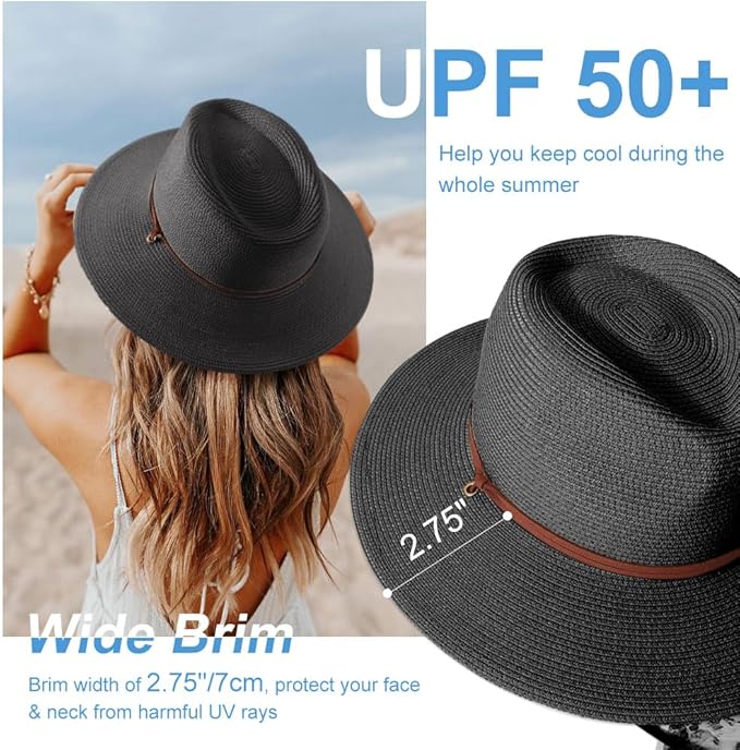DRESHOW Women Straw Panama Hat Travel Fedora Beach Sun Hat Summer Wide Brim Straw Roll up Hat UPF 50+