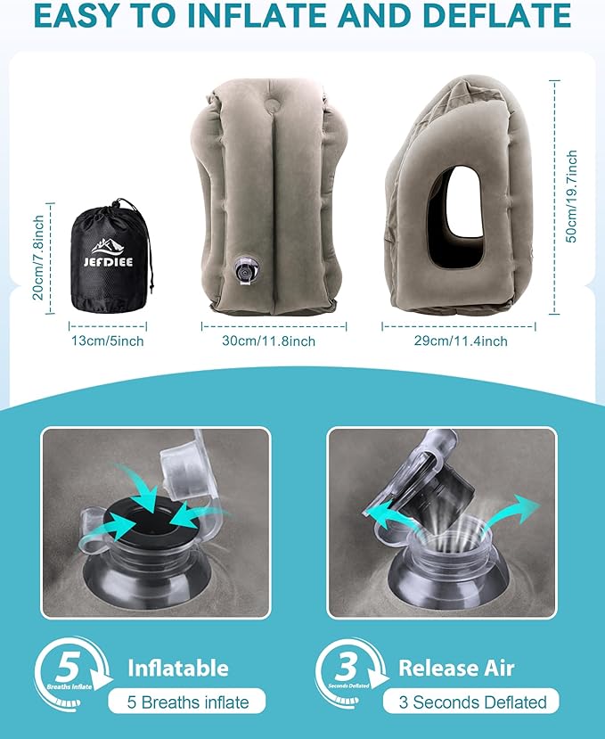 JefDiee Inflatable Travel Pillow, Airplane Neck Pillow Comfortably Supports Head and Chin for Airplanes, Trains, Cars Office Napping on The Tray Table (Grey)