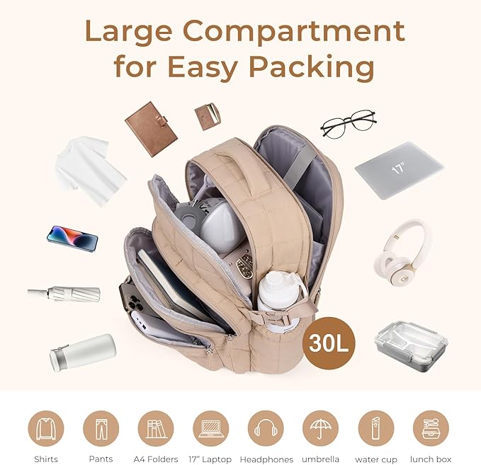 CLUCI 17.3 Inch Laptop Backpack for Women, Anti Theft Travel Backpack, Puffer Quilted Work Backpack, Water Resistant College Bookbag, Carry on backpack with RFID (Khaki)