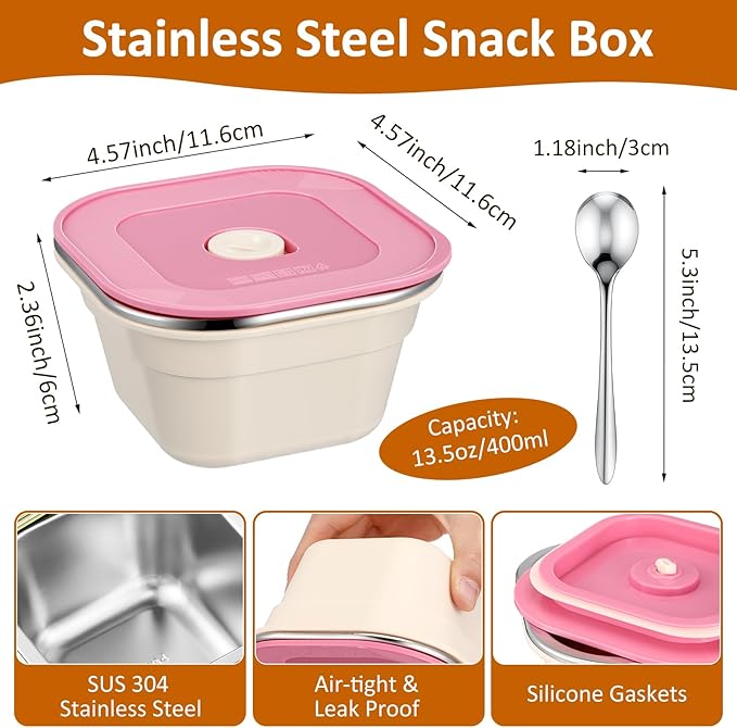 Teecyhooo 12 Pack Stainless Steel Snack Containers with Airtight Lids and Spoons, 13 oz Reusable Leak-proof Small Snack Lunch Box Food Storage Deli Containers for Fruit, Oats, Cookies, Meal Prep