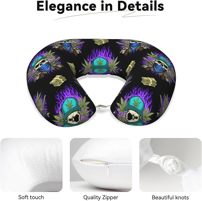 Travel Pillow Chin Neck Support, Comfortable Airplane Car Pillows for Rest, Memory Foam U Shaped Office Home Nap Sleeping Cushion Purple Fire Weedleaf Dollars Skull Skeleton
