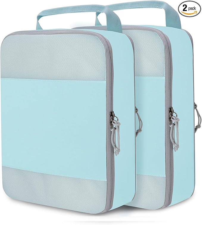 Compression Packing Cubes for Travel Essentials, 2 Set Expandable Compression Bags for Travel Packing Cubes for Suitcase Luggage Organizer Bags, Blue Mesh