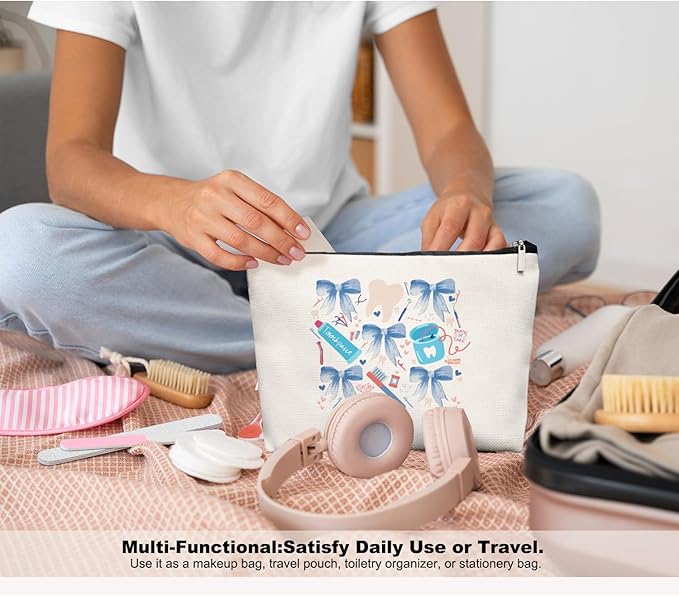 Smile Dental Care Makeup Bag, Cute Tooth & Bow Cosmetic Pouch for Dental Assistant Hygienist Dentist Gift for Women