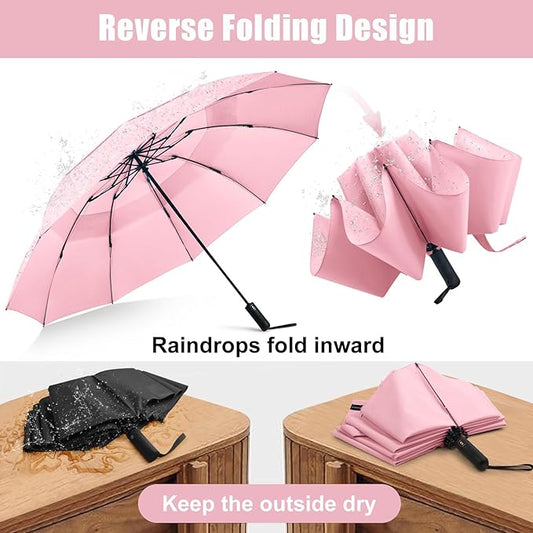 G4Free 42 Inch Inverted Travel Umbrella Compact Windproof 10 Ribs Reverse Small Portable Umbrella for Rain Double Canopy Vented Automatic Open Close for Women(Pink)
