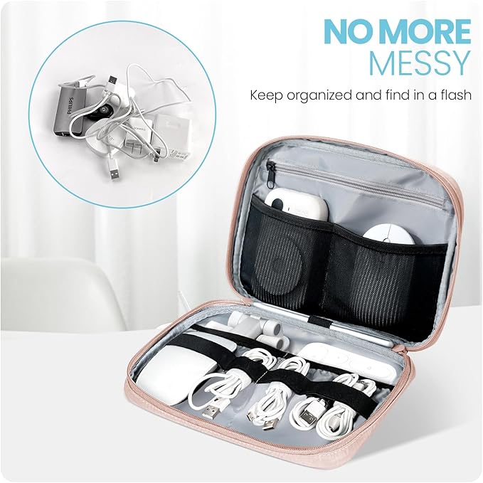 Electronics Organizer Bag, Portable Cable Organizer Case Travel Electronic Accessories Storage Case - Travel storage bag for Cables, Chargers, Phone, SD Cards - Pink