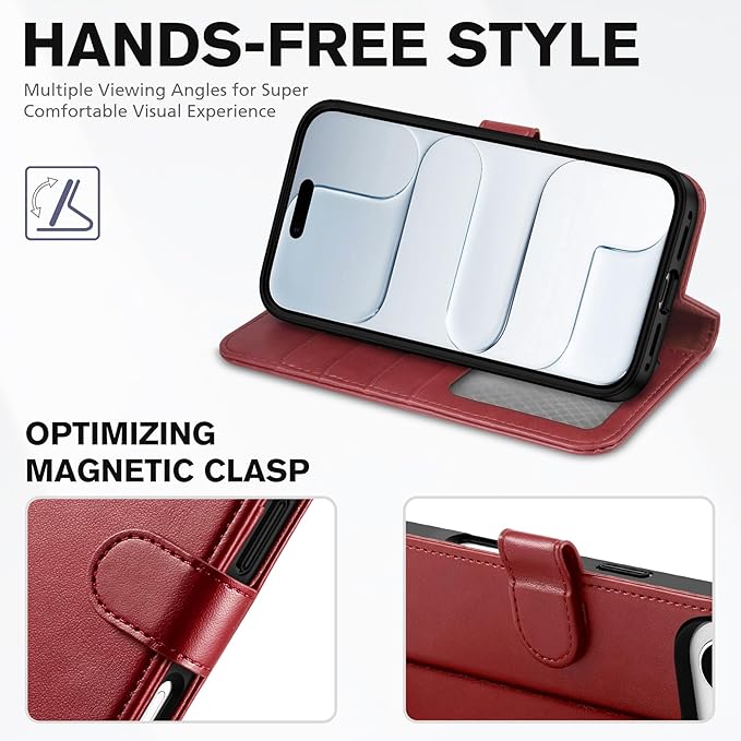 TUCCH Case Wallet for iPhone Air (6.5-Inch) 2025, Wrist Strap | Stand | RFID Blocking | 4 Card Holders | TPU Shockproof Inner Shell | PU Leather | Magnetic Folio Cover | Dark Red