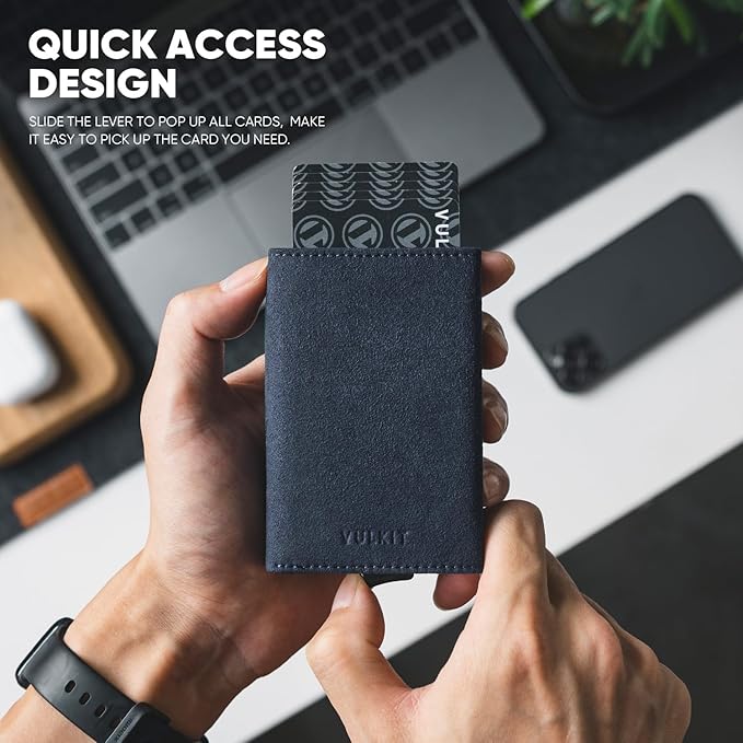 VULKIT Pop up Wallet Minimalist Cash Wallets RFID Blocking Leather Smart Credit Card Holder with Magnetic Closure for Men