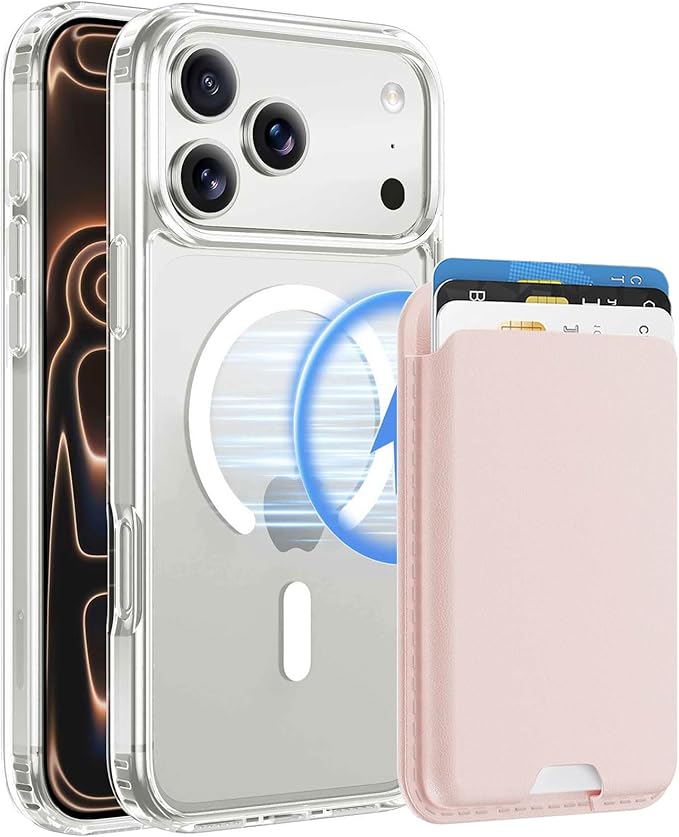 Ntwinro Magnetic for iPhone 17 Pro Max Clear Case (Compatible with MagSafe) with Pink Detachable Wallet & Card Holder for 3 Cards [RFID Blocking] Military Grade Protective Slim Phone Cover