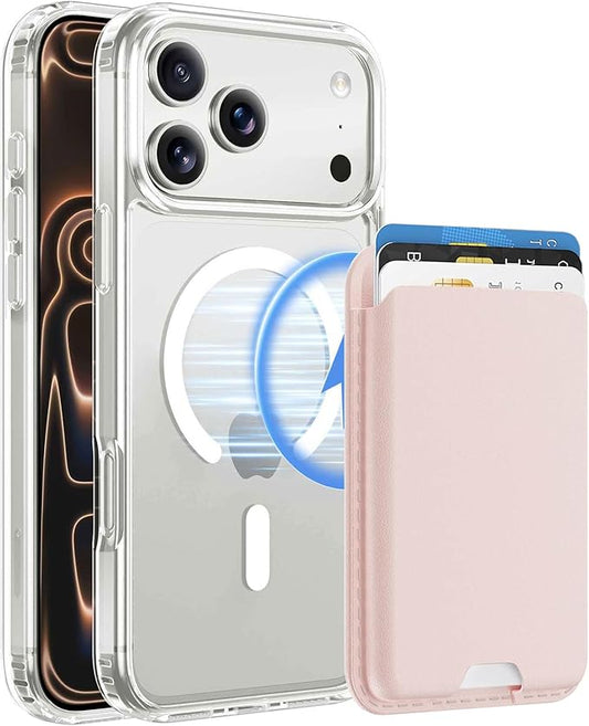 Ntwinro Magnetic for iPhone 17 Pro Max Clear Case (Compatible with MagSafe) with Pink Detachable Wallet & Card Holder for 3 Cards [RFID Blocking] Military Grade Protective Slim Phone Cover