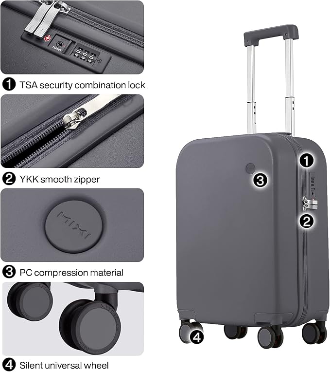 mixi Carry on Luggage, 20'' Suitcase Spinner Wheels Luggage Hardshell Lightweight Rolling Suitcases PC with Cover & TSA Lock for Business Travel, Rock Gray