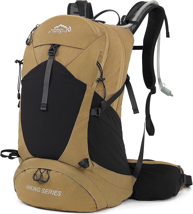 Hiking Backpack, Waterproof Hiking Daypack with 3L Water Bladder and Rain Cover, Lightweight Travel Camping Backpack for Men Women (Khaki)