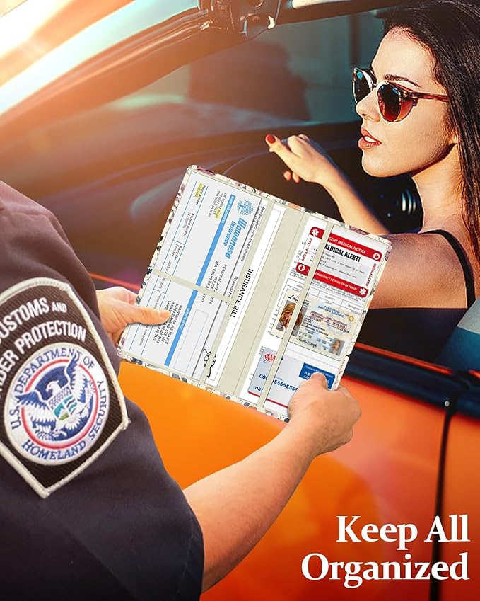 Slohif Car Registration and Insurance Holder - Plant Vehicle Glove Box Organizer Women with Magnetic Shut Leather Automobile License Holders Coasters Auto Accessories Case for Document