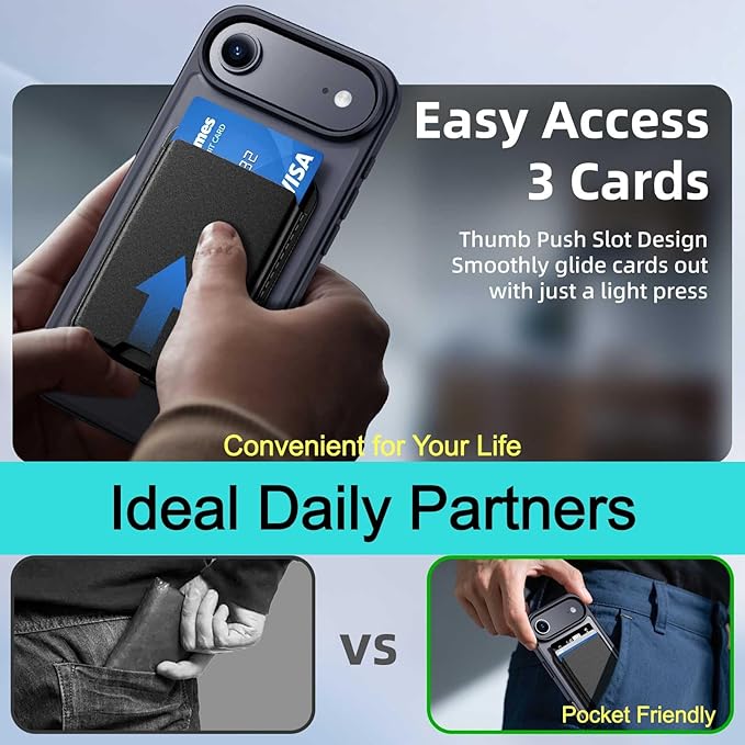 Ntwinro Magnetic for iPhone Air Case (Compatible with MagSafe) with Detachable Wallet & Card Holder for 3 Cards [RFID Blocking] Military Grade Protective Slim Phone Cover for 17 Air 2025, Black