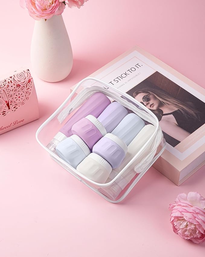 Travel Bottles for Toiletries 8 Pack, Travel Size Toiletries, Tsa Approved Travel Size Containers 3oz, with Travel Essentials Clear Bag, Leak Proof Silicone Squeezable Creams Jars
