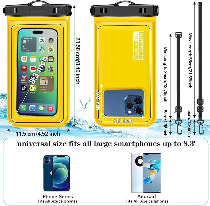 Floatable 3 Pack Multicolor Universal IP68 Floating Waterproof Phone Pouch,Adjustable Neck Lanyard Waterproof Phone Case Dry Bag for Apple iPhone,Samsung,and up to 8.3" Yellow,Orange,Green
