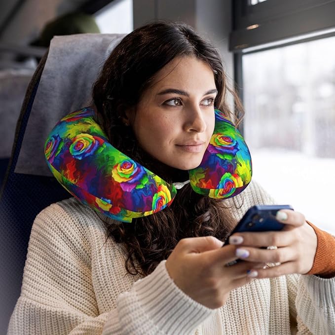 Comfortable Travel Pillow for Pain Relief Sleeping, Memory Foam Airplane Car Neck Pain Pillows Trippy Tie Dye Rose Colorful, Funny Chin Head Support Cushion