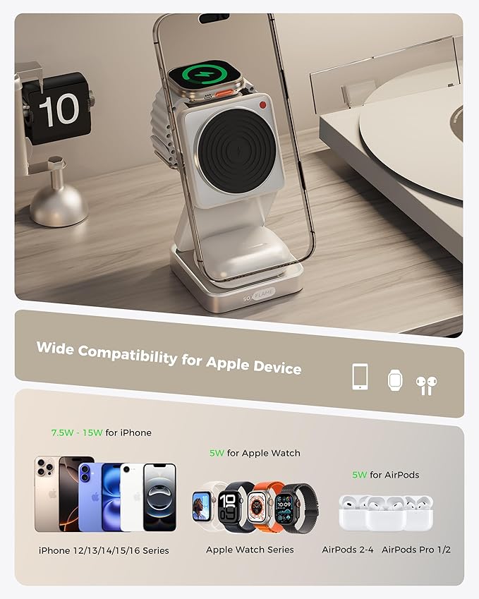 3 in 1 Magnetic Wireless Charging Station for Mag-safe Charger, Foldable Travel Charger with Night Light, 15W Fast Charging Stand with 25W Adapter, for iPhone17-12, Apple Watch, AirPods -Beige