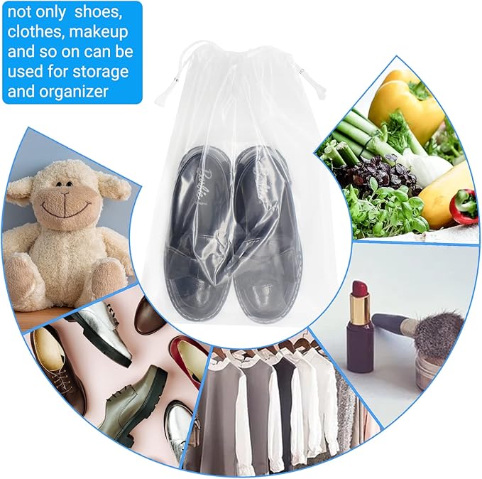 100 Pack 10x14 inch Transparent Shoe Bags for Travel Clear Shoes Storage Organizers Pouch with Cotton Draw Strings Shoe Dust Bags