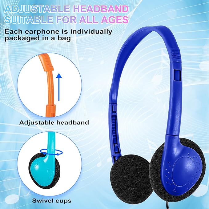 Wired Kids Headphones Bulk 10 Pack for Classroom School Class Set Headsets for Students Teens Toddler Children and Adults, Wholesale 3.5mm Plug Wired Earphones-Upgrade (Mixed Colors, 10 PACK)