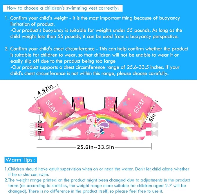 Chriffer Kids Swim Vest Life Jacket for 30-55 Pounds Boys and Girls, Toddler Floaties with Shoulder Harness Arm Wings for 2,3,4,5,6,7 Years Old Baby