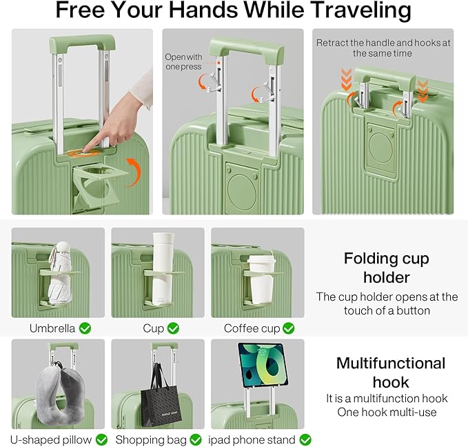 mixi Carry On Luggage with Cup Phone Holder Hard Shell Rolling Travel Suitcase with Spinner Wheels,20 Inch Avocado Green