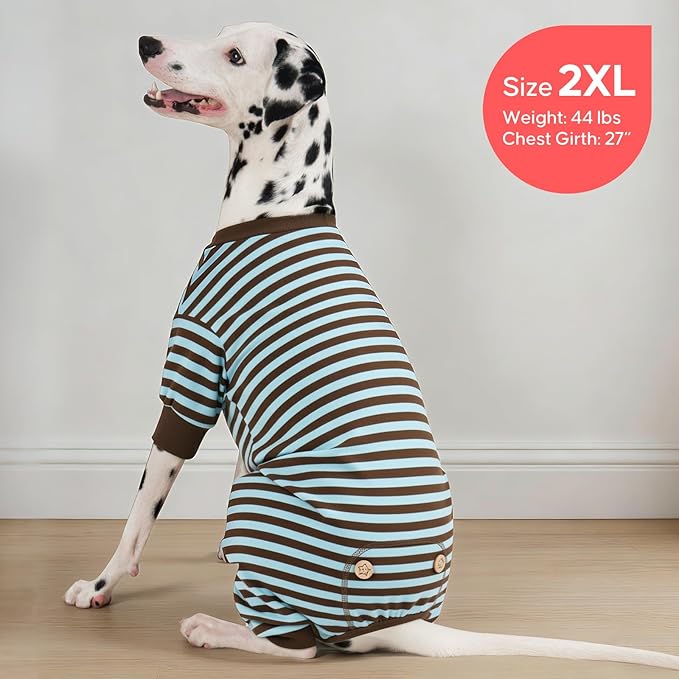 KYEESE Dog Pajamas, Soft Fleece Pets Jumpsuit Pets Sleepwear, Stretchy Dog Pajamas Medium Size Dogs, Comfy Dogs PJS with 4 Legs, Lightweight Pet Clothes Pet Onesie, Blue Striped, 2XL