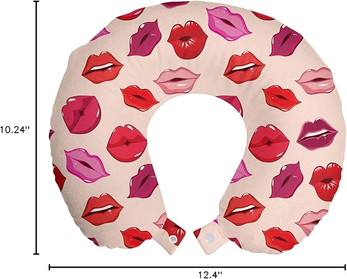 Ambesonne Kiss Travel Pillow Neck Rest, Repetitive Woman Lips in Warm Toned Listicks, Memory Foam Traveling Accessory for Airplane and Car, 12", Rose Red