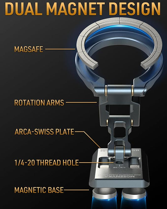 Dual Magnetic Phone Holder Gym Magnetic Stand,Tripod Phone Mount (1/4'' Hole& ARCA-Swiss),Portable Phone Grip for iPhone 12/13/14/15/16/17-Desk/Car/Gym/Golf Cart/Airplane Use Stand (Grey)