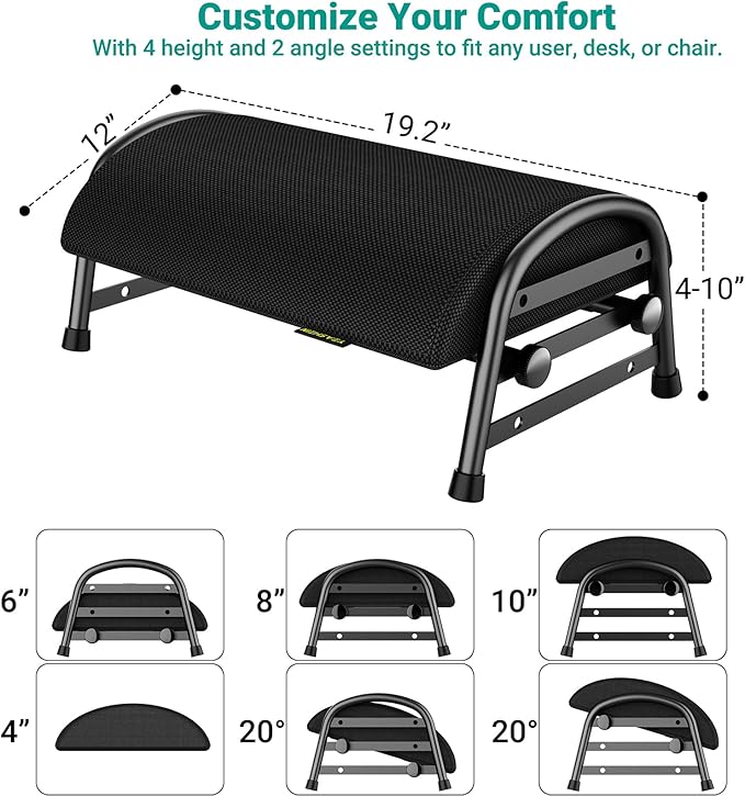 Adjustable Foot Rest for Under Desk at Work, Ergonomic Under Desk Footrest with 6 Positions, Foot Stools for Under Office Desk Chair, Leg Rest for Home, Car, Computer, Gaming Accessories