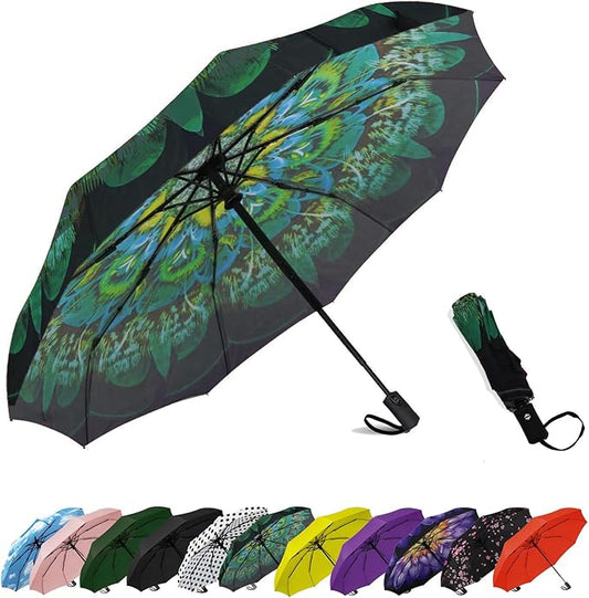SIEPASA Windproof Travel Compact Umbrella-Automatic Umbrellas for Rain- Folding Umbrella, Travel Umbrella Compact, Small Portable Windproof Umbrellas for Men Women Teenage. (Green Peacock)