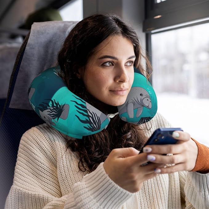 Neck Pillows for Travel Crazy Save Manatee, Women and Men Airplane Car Pillow, Neck Support U Shaped Pillow for Rest Pain Relief Sleeping