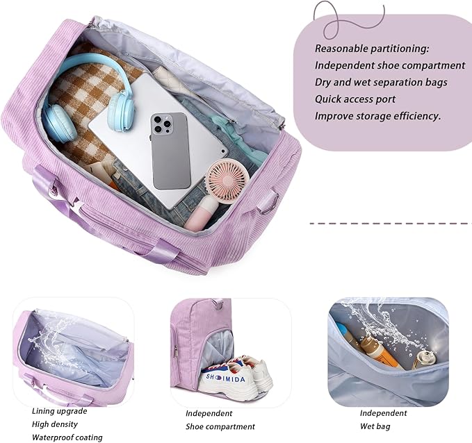 Girls Duffle Bag Woman Corduroy Travel Bag Kids Sports Duffel Bags With Shoe Compartment Wet Pocket (purple)