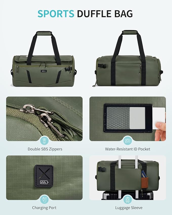 ECOHUB 40L Gym Bag for Women Men Water Resistant Sports Duffle Bag with Shoe Compartment & Wet Pocket, Travel Weekender Camping Backpack