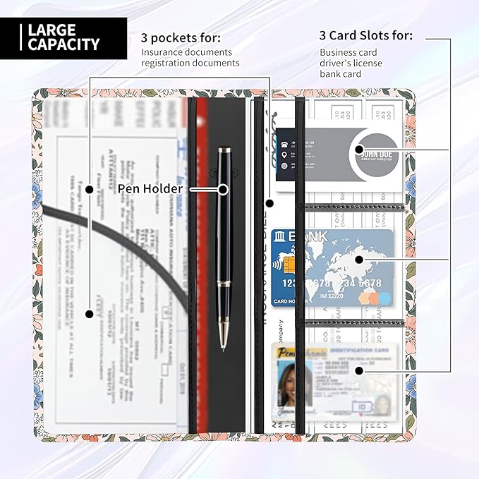 Leather Car Registration and Insurance Card Holder, Cute Car Accessories Vehicle Glove Box Car Organizer for Documents, Cards, License Vintage Colorful Floral