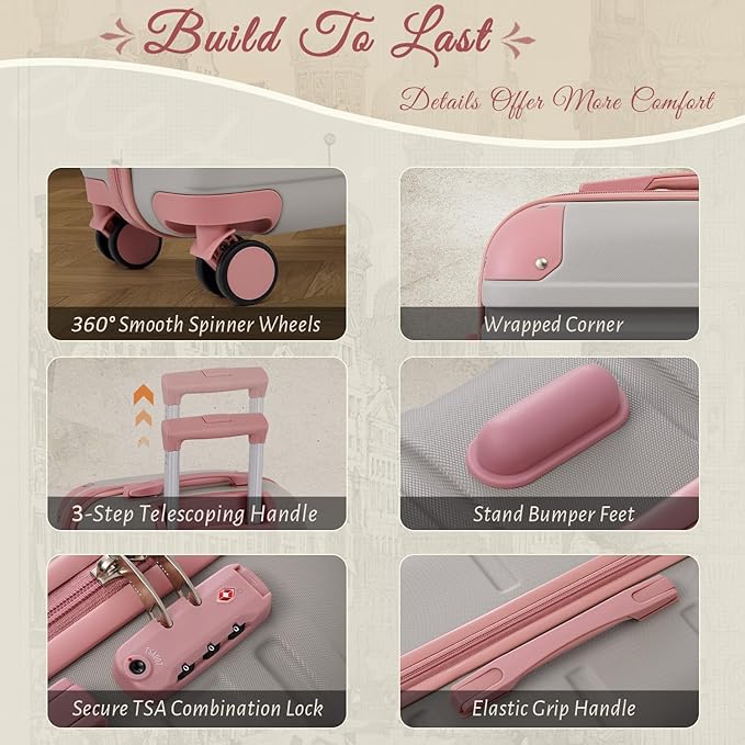 TAKUMI Carry On Luggage Set 3 Piece ABS+PC Hardshell Suitcases with Duffel Bag Double Spinner Wheels Travel Luggage with TSA Lock Lightweight Suitcase Set(GREY PINK, 3 PIECE SET(20/DB/TB))