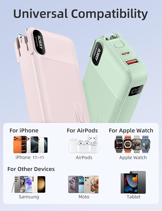 RORRY Portable Charger Built in Cables, AC Wall Plug in Portable Charger Power Bank 10000mAh Travel Battery Pack 22.5W Fast Charging for iPhone 17/16/15 Samsung Galaxy S24/S23/S22 Pixel LG iPad, Pink
