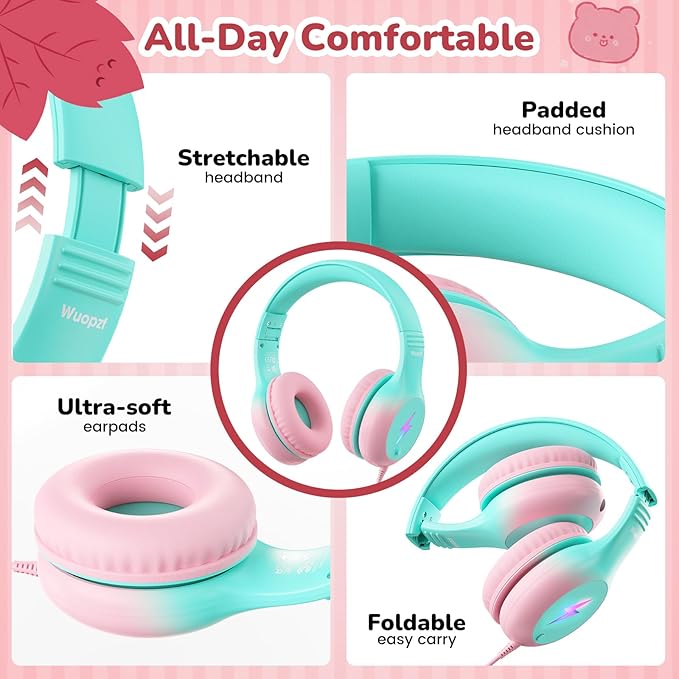 Kids USB C Headphones for School, 2025 Upgrade Safe Listening Wired Over-Ear Headphones with LED Lights, Volume Limiter & Microphone, Foldable Design for iPhone 16, iPad, Tablet (Green Pink)