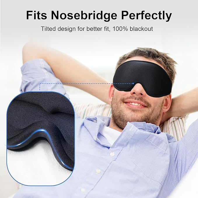 3D Sleep Mask with Earplugs, 100% Light Blackout Eye Mask for Sleep, Washable Sleeping Mask, 0 Pressure Eye Covers for Sleep with Wider Adjustable Strap, Only 1.3oz Light Soft Sleeping Mask (Black)