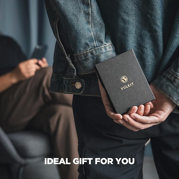 VULKIT Men's Wallet with ID Window Premium Leather Wallets RFID Blocking Minimalist Wallet Pop Up Card Holder Magnetic Closure