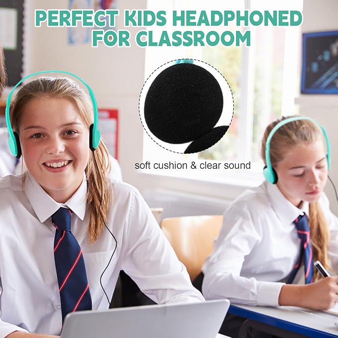 Konohan 10 Pack Headphones Bulk Headphone for School Classroom Student Wired Headphones Adjustable with 3.5 mm Jack for Adults (Emerald Green)