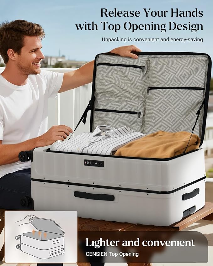 Luggage Sets 2 Pieces, 20/28 Inch PC Hardshell Suitcase with Spinner Wheels, 20 Inch Expandable Clamshell Carry On Luggage and 28 Inch Aluminum Frame Top Opening Checked Luggage (White)