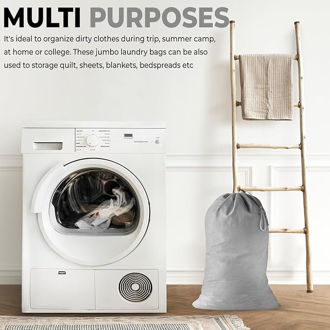 2 Pack - Extra Large Cotton Laundry Bag, Heavy Duty Large Laundry Bags 24 x 36 inch XL Drawstring Travel Organizer Bag Fit Hamper Basket Camp (Light Gret, Pack of 2)