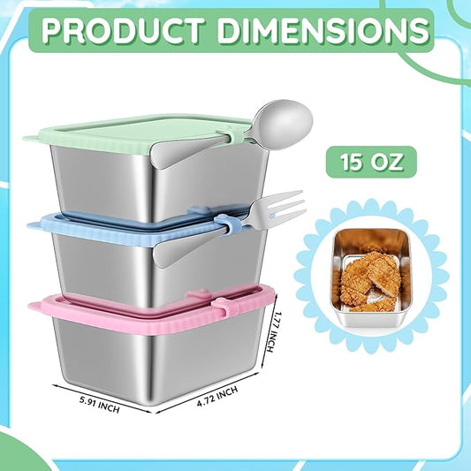 Acellegic Stainless Steel Snack Containers with Silicone Lids, 15 oz Reusable Food Storage Deli Containers for Meal, Leak Proof, Easy Open BPA Free Daycare and School (Blue, Pink, Green,Beige,4 Pack)