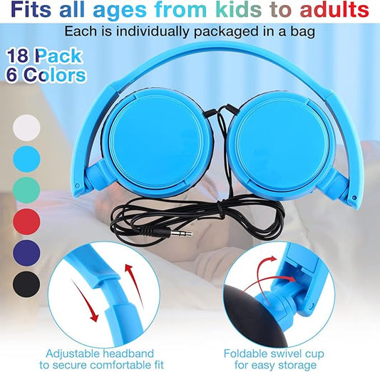 Yunsailing 6 Pack Classroom Headphones Bulk Student Wired Class Headphones Set for School with Individually Wrapped Adjustable Over Ear Head Earbuds (Multicolor)