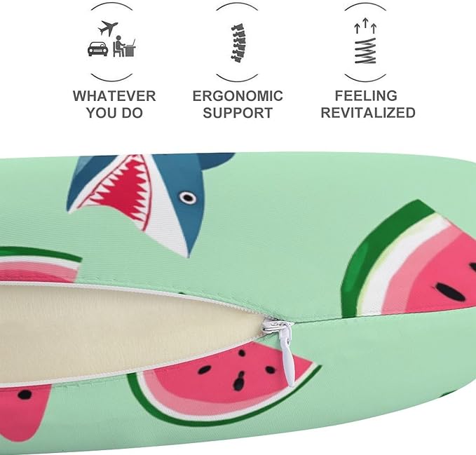 Office Nap Pillow U-Shaped Memory Foam Neck Support, Shark Watermelon Funny U-Shape, Portable Travel Car Home Rest