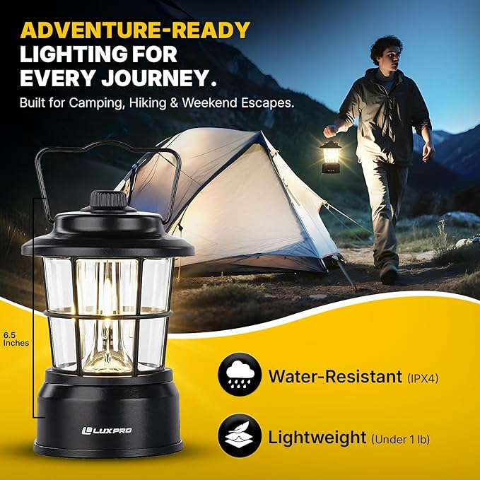 LUXPRO Retro LED Lantern - Battery-Powered Emergency Lantern - Water Resistant - Bright LED Lamp for Indoor & Outdoor Use - Use for Tents, Hiking or Hurricane Prep (Black, Pack of 1)