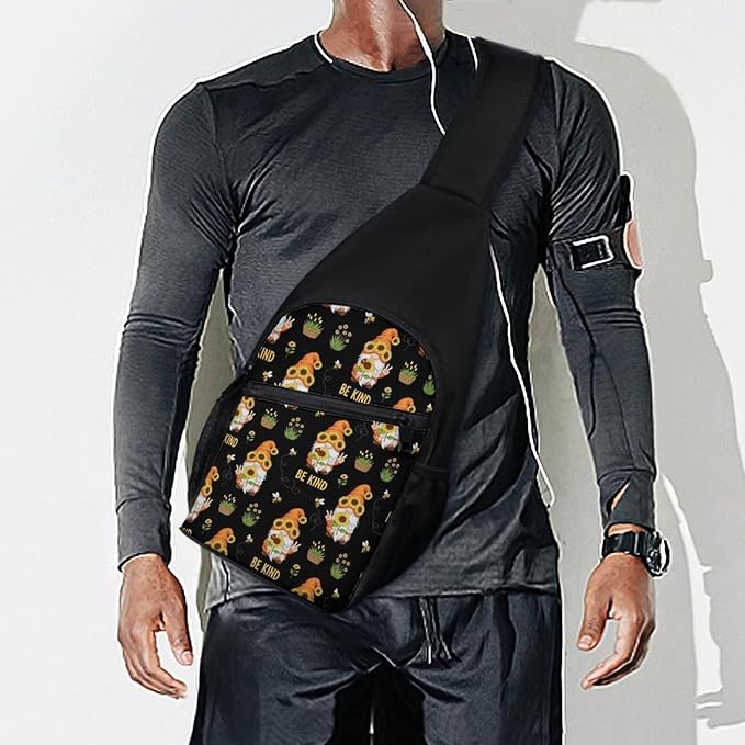 SWEET TANG Cool Sling Backpack for Men Women, Multipurpose Crossbody Shoulder Bag Be Kind Sunflower Gnome, Travel Hiking Zippered Daypack, Adjustable and Breathable