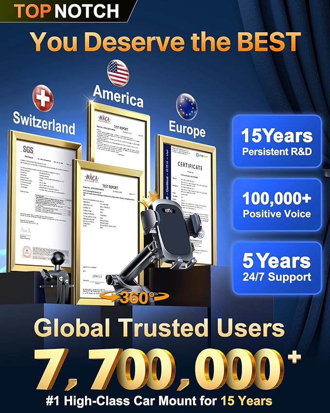 2026 Ultimate Best【True Military-Grade & Safety Cert】Car Phone Holder【Upgraded 5-in-1 & 100+LBS Strongest Suction】360 Rotation Truck Windshield Dashboard Vent Mount Stand for iPhone Android,Deep Black