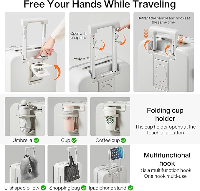 mixi Carry On Luggage with Cup Phone Holder and Charger Hard Shell Suitcases with Spinner Wheels, 20 Inch Smoke White